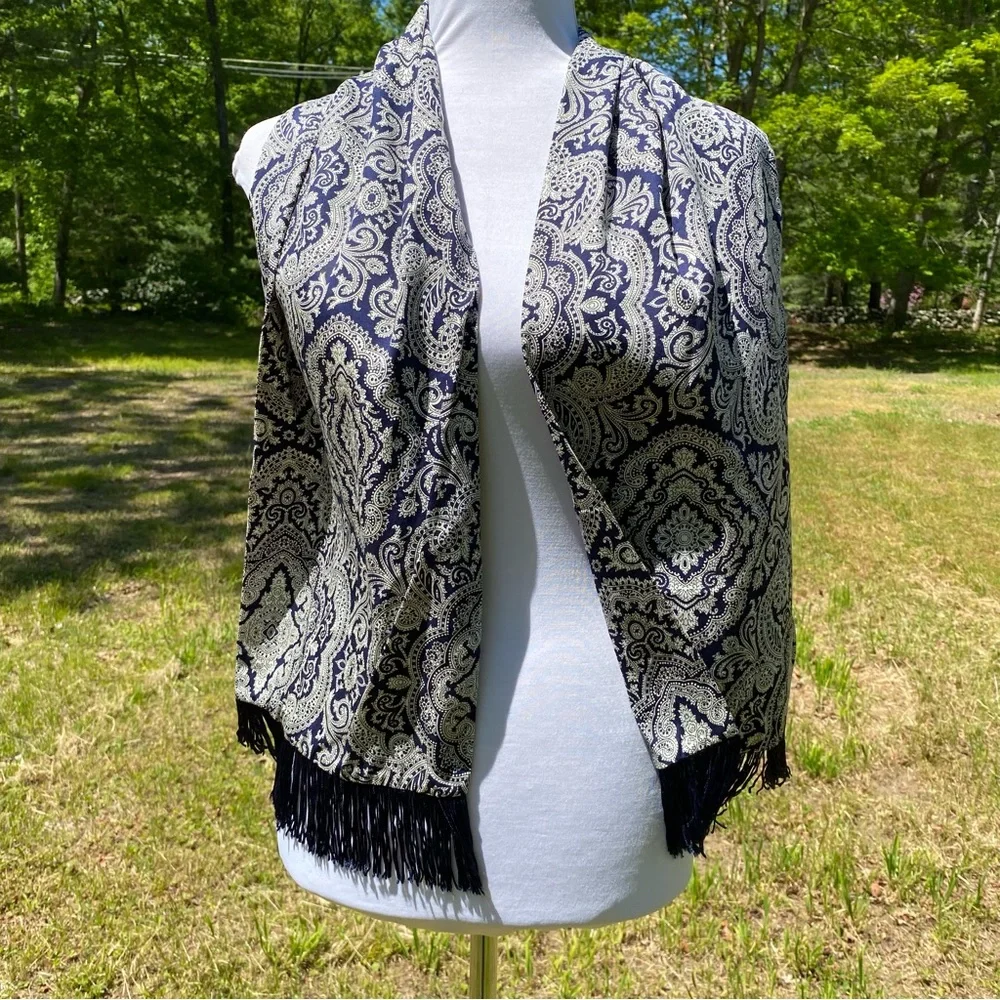 FISHER HILL SCARF BLUE WHITE PAISLEY LONG RECTANGLE FRINGE USA ACCESSORY